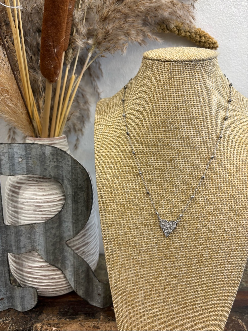 Melania Clara Silver Heart Pendant Necklace with Beaded Chain